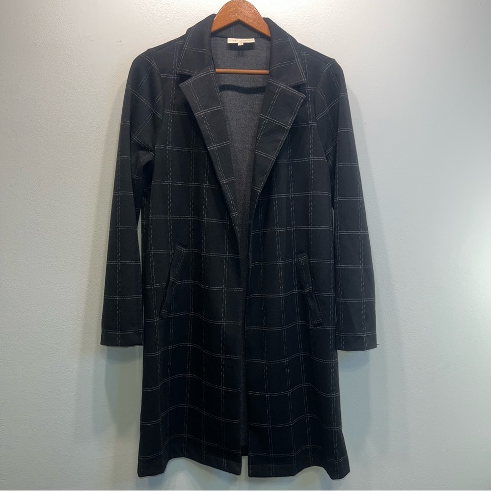 Melloday Womens Blazer Small Black Plaid Grid Open Front Pockets Long Jacket